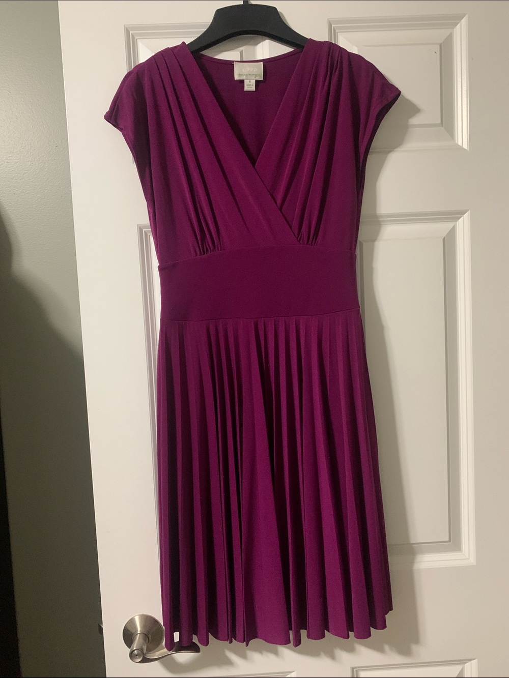Donna Morgan V-Neck Pleated Fit-and-Flare Dress in Magenta